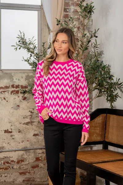 Truedames Full Size Wave Stripe Contrast Long Sleeve Sweater In Pink