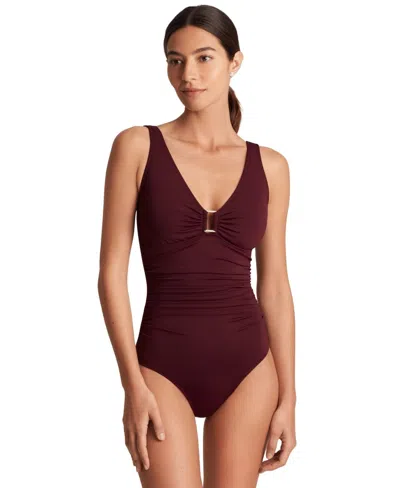 Ralph Lauren Beach Club Swimsuits Women's Blue Ruffle One-piece Buu472 In Brown
