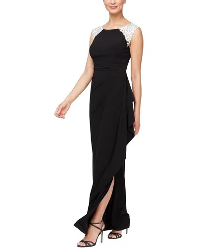 Alex Evenings Maxi Dress Women's Black Embroidered Ruched Side Slit Ups609 In Black