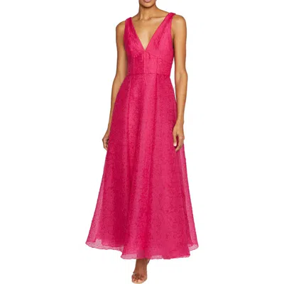 ml Monique Lhuillier Giselle Textured V Neck Midi Dress In Cerise Pink In Brown