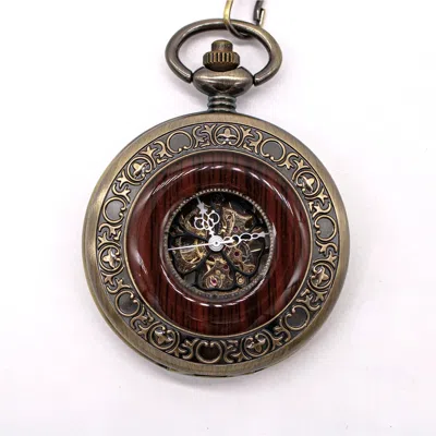 Truclothing Mechanical Skeleton Half Hunter Vintage Wooden Pocket Watch With Chain In Gold