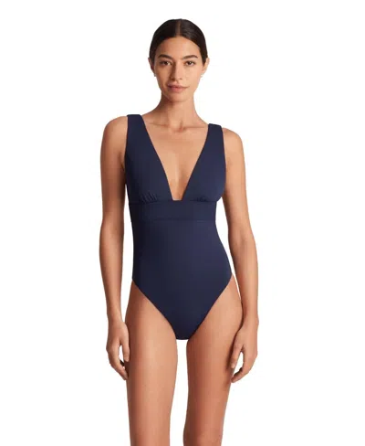 Ralph Lauren Sculpting One Piece Women's Navy Blue V-neck Beach Buu499 In Blue