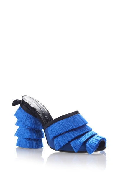 Marco De Vincenzo Leather-trimmed Fringed-satin Mules In Blue