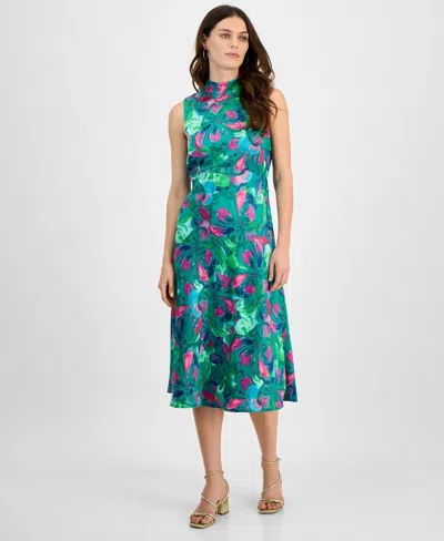 Tahari Asl Midi Dress Women's Jade Rose Printed Mock Neck Sleeveless Fts1130 In Multi
