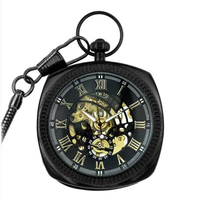 Truclothing Mechanical Skeleton Open Face Square Pocket Watch With Chain In Black