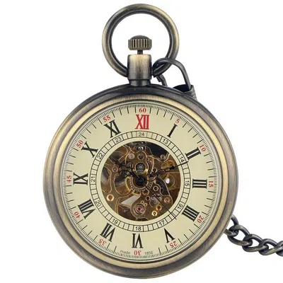 Truclothing Mechanical Skeleton Open Face Antique Pocket Watch With Chain In Gold