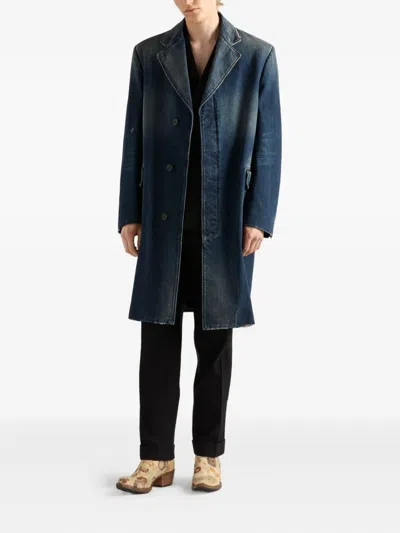 Prada Washed Denim Single-breasted Coat In Blue