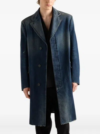 Prada Washed Denim Single-breasted Coat In Blue