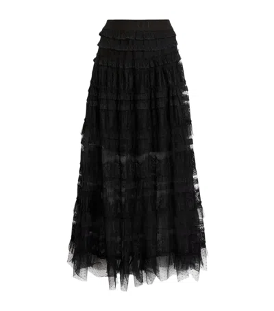 Allsaints Womens Black Arlea Elasticated-waist Lace-trim Woven Maxi Skirt In Black