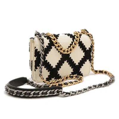Pre-owned Chanel Black White Leather Cotton Chain/shoulder Wallet () In Multi