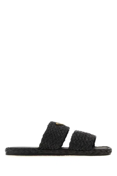 Prada Triangle-logo Open-toe Slides In Black
