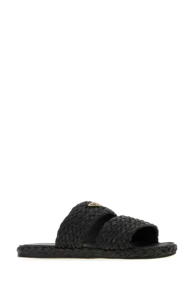 Prada Triangle-logo Open-toe Slides In Black