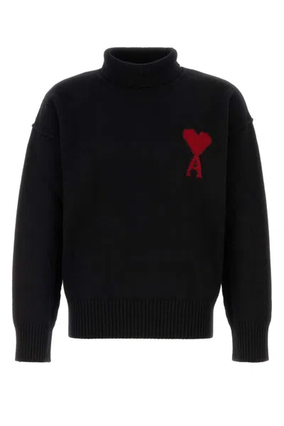 Ami Alexandre Mattiussi Ami Paris Funnel-neck Sweater With Heart Intarsia Design In Black