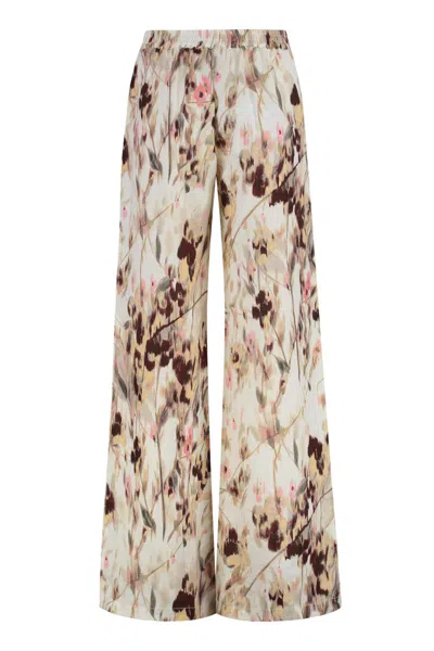 120% Lino Floral Print Trousers In Multi