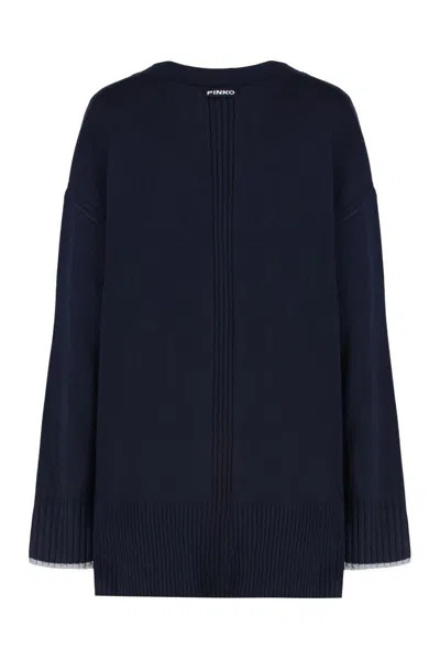 Pinko Long-sleeved Cardigan Sweater With Deep V-neck In Blue