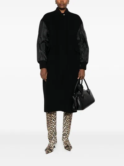 Pinko Long Coat In Wool-blend Cloth And Technical Satin In Black