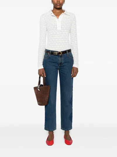 Pinko Intricate Lace Panel Bodysuit With Polo Collar In White
