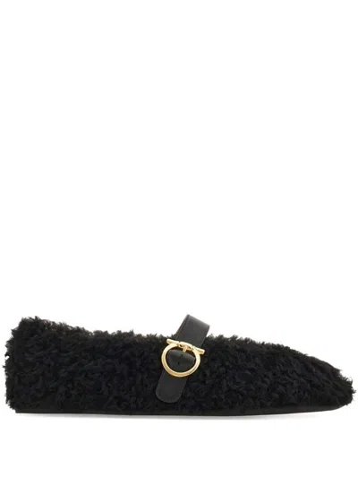 Ferragamo Black Ballerinas With Shearling Design And Buckle In Leather Woman In Black