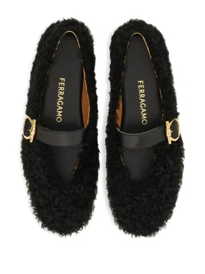 Ferragamo Black Ballerinas With Shearling Design And Buckle In Leather Woman In Black