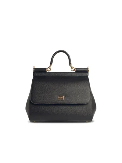 Dolce & Gabbana Large Sicily Leather Top Handle Bag In Black
