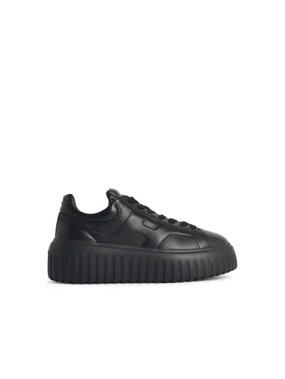Hogan Minimalist Black Leather Sneakers With Thick Platform Sole In Black