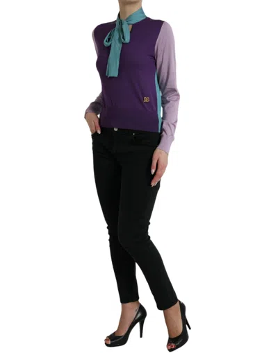 Dolce & Gabbana Long-sleeved Multi-colored Silk Sweater With Pussy-bow And Dg Embellishment In Purple