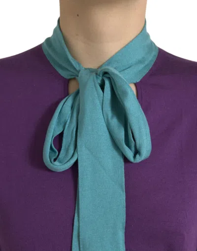 Dolce & Gabbana Long-sleeved Multi-colored Silk Sweater With Pussy-bow And Dg Embellishment In Purple