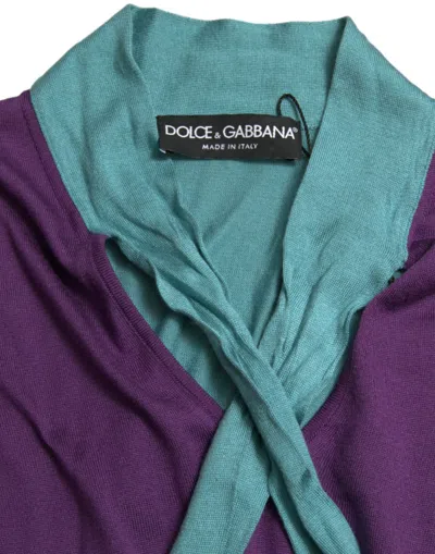 Dolce & Gabbana Long-sleeved Multi-colored Silk Sweater With Pussy-bow And Dg Embellishment In Purple