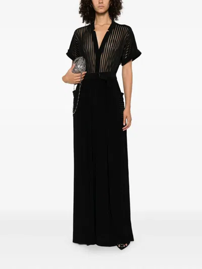 Norma Kamali Geralyn Belted Paneled Jersey And Mesh Jumpsuit In Black