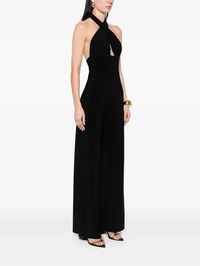 Norma Kamali Cross Halter Wide Leg Jumpsuit In Black