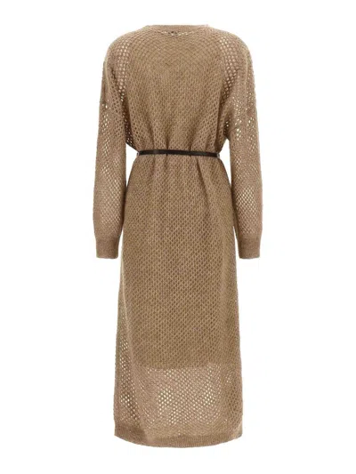 Brunello Cucinelli Hazelnut Color Midi Dress With Waist Belt In Black