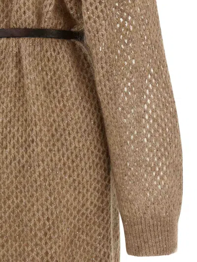 Brunello Cucinelli Hazelnut Color Midi Dress With Waist Belt In Black