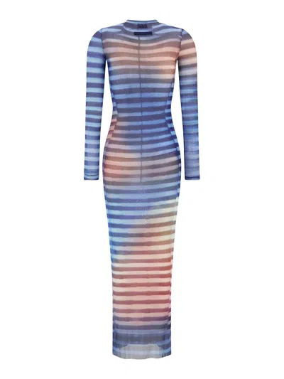 Jean Paul Gaultier Mesh Striped Bodycon Maxi Dress In Blue