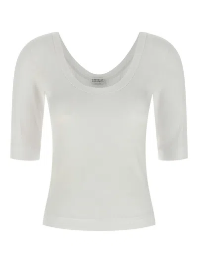 Brunello Cucinelli Ribbed Scoop Neck Stretch Fit T-shirt In White