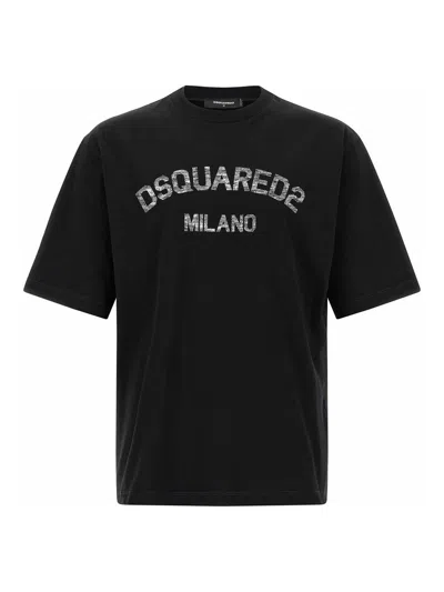 Dsquared2 Loose Fit Tee Logo Dsq2 Milano Sbiadito Effetto Texture Jersey Di Cotone T-shirt In Black