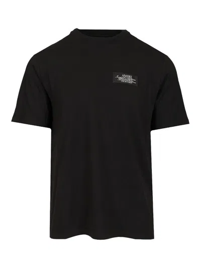 Amiri Black Crewneck T-shirt With Logo Patch On The Front And Maxi Logo Print On The Rear