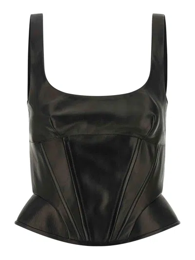 Ermanno Scervino Square Neckline Leather Top With Panel Detailing In Black