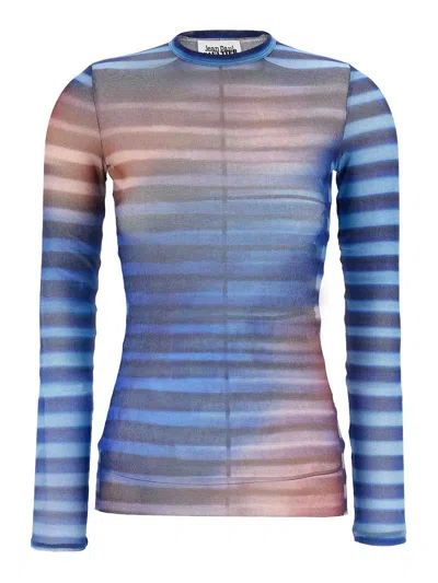 Jean Paul Gaultier Air Print Striped Mesh Crew Neck Top In Blue