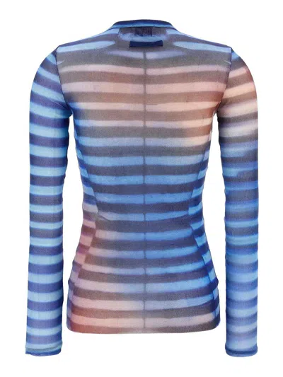 Jean Paul Gaultier Air Print Striped Mesh Crew Neck Top In Blue