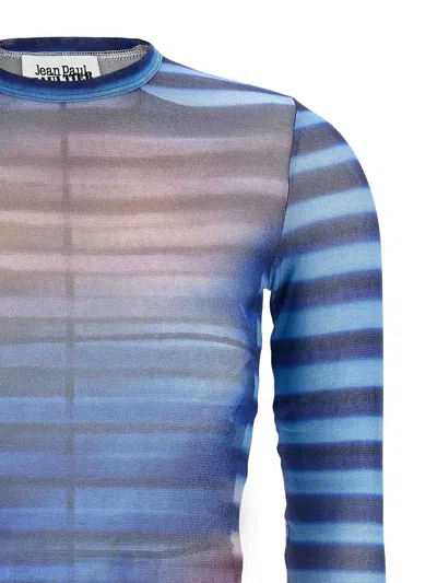 Jean Paul Gaultier Air Print Striped Mesh Crew Neck Top In Blue