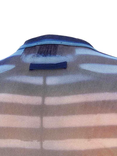Jean Paul Gaultier Air Print Striped Mesh Crew Neck Top In Blue