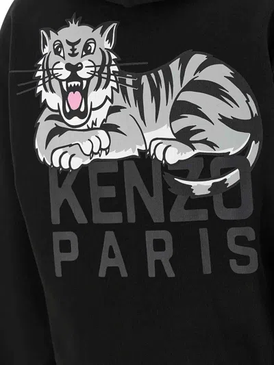 Kenzo Happy Tiger Zip Up Hoodie With Kangaroo Pocket In Black