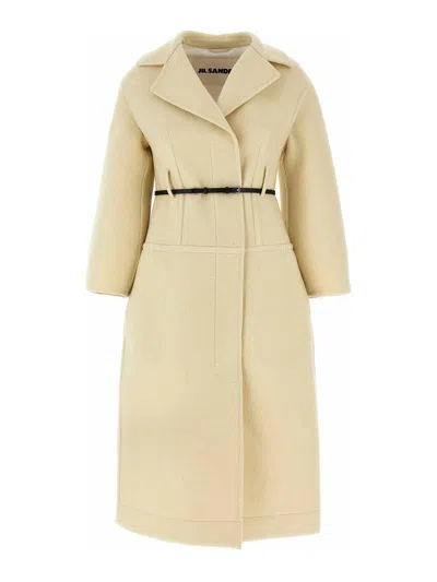 Jil Sander Tailored Coat With Belted Waist And Structured Shoulders In Neutral