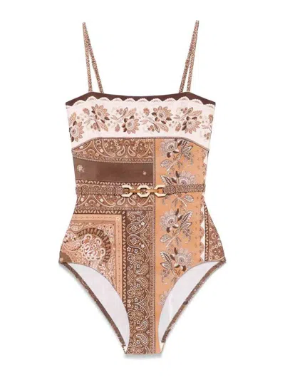 Zimmermann Lucky Belted One-piece Bandeau Swimsuit In Brown