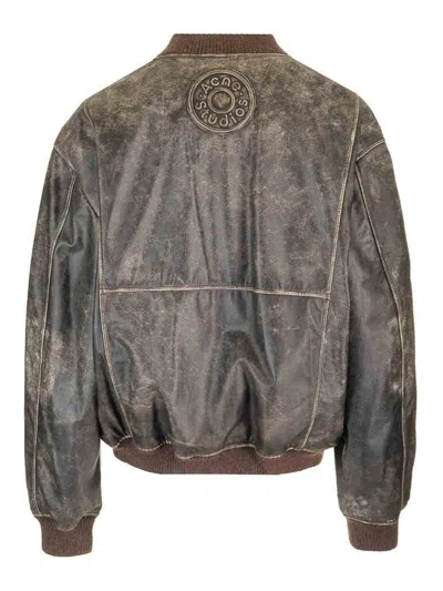Acne Studios Black Distressed Leather Bomber Jacket In Brown