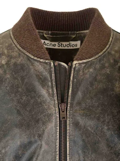 Acne Studios Black Distressed Leather Bomber Jacket In Brown