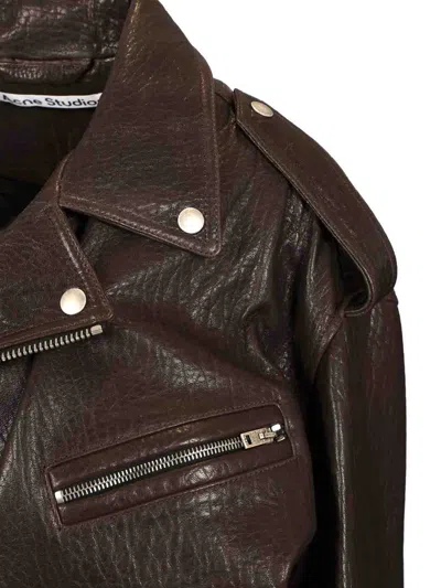 Acne Studios Gathered Textured-leather Biker Jacket In Brown
