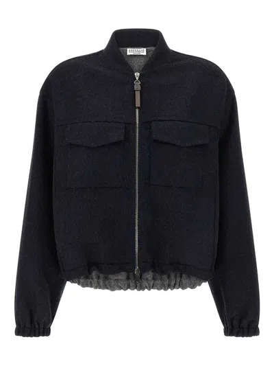 Brunello Cucinelli Oversized Virgin Wool Jacket With Ribbed Collar In Blue