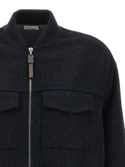 Brunello Cucinelli Oversized Virgin Wool Jacket With Ribbed Collar In Blue