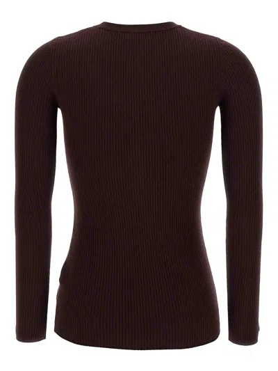 Elisabetta Franchi Fitted Ribbed Knit Top With Decorative Buttons And Gold Accent In Burgundy